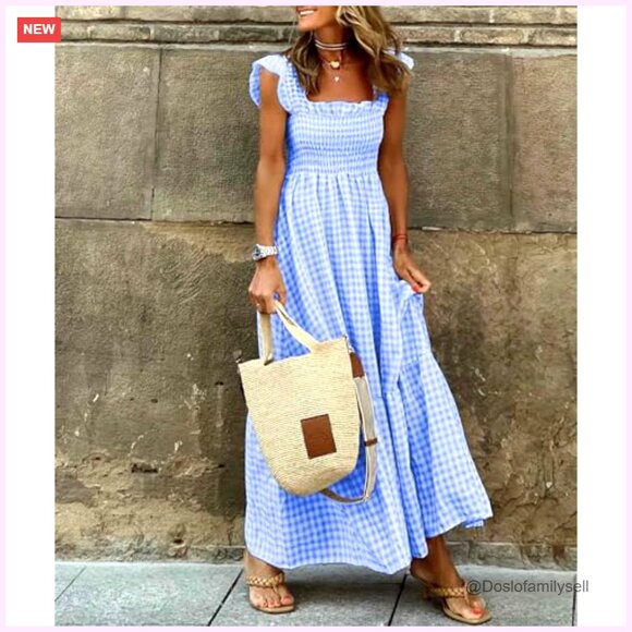 Women's Square Neck Plaid Smocked Maxi Dress Ruffle Sleeve Tiered A-Line - Picture 2 of 5